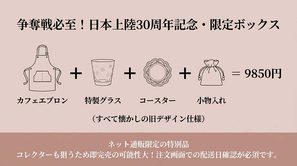日本上陸30周年記念ギフト。エプロン、グラス、コースターなどの旧ロゴデザインセット