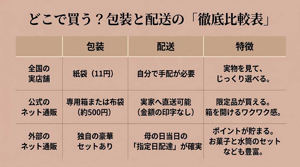 スタバギフトの購入場所別比較表。実店舗、公式オンライン、外部ECの包装と配送の違い