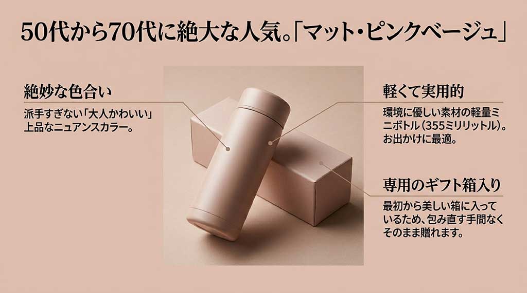 50代から70代に人気のマットピンクベージュ。ギフト箱入りのリサイクルステンレスボトル
