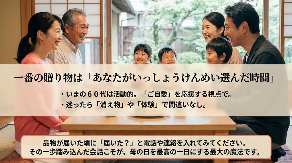 活動的な60代へのギフト選びのポイントと、最後の会話が大切であるというまとめスライド