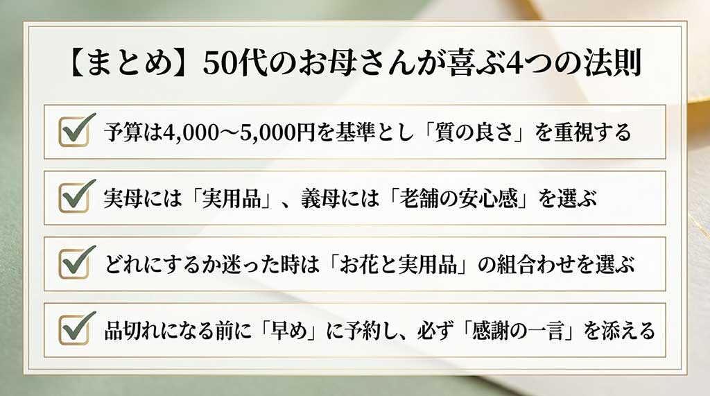 予算、相手別の選び方、迷った時のセット、早期予約の4つのポイントをまとめたスライド