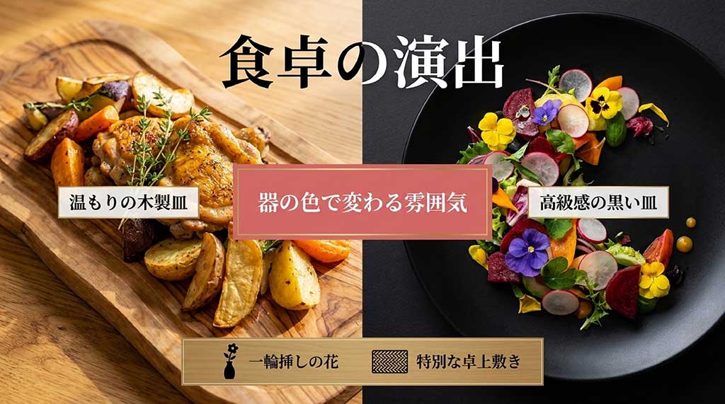 黒い皿や木製皿、一輪挿しを使った母の日のテーブルコーディネート術