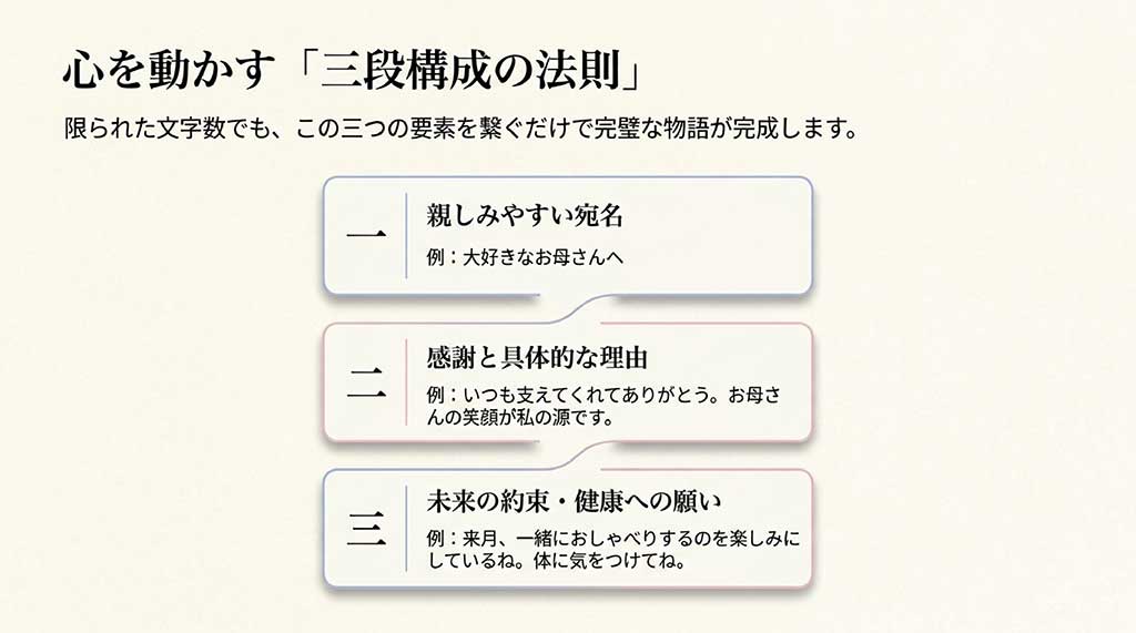 1.親しみやすい宛名、2.感謝と具体的な理由、3.未来の約束・健康への願い、の3ステップで構成する黄金律の解説