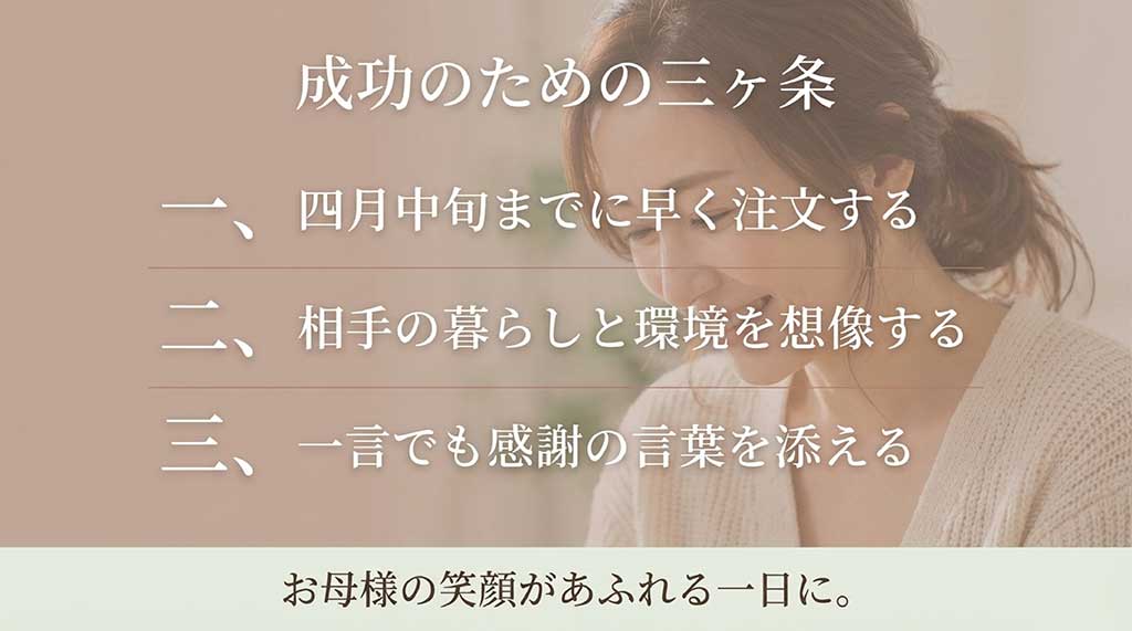 4月中旬までの早期注文、相手の環境の想像、感謝の言葉の添附という成功のための3つの秘訣をまとめたスライド
