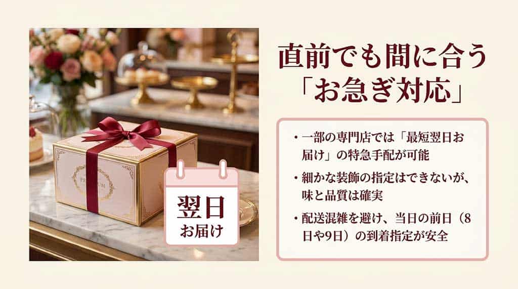 一部専門店での特急手配や、安全な到着指定日のアドバイスを記載した画像