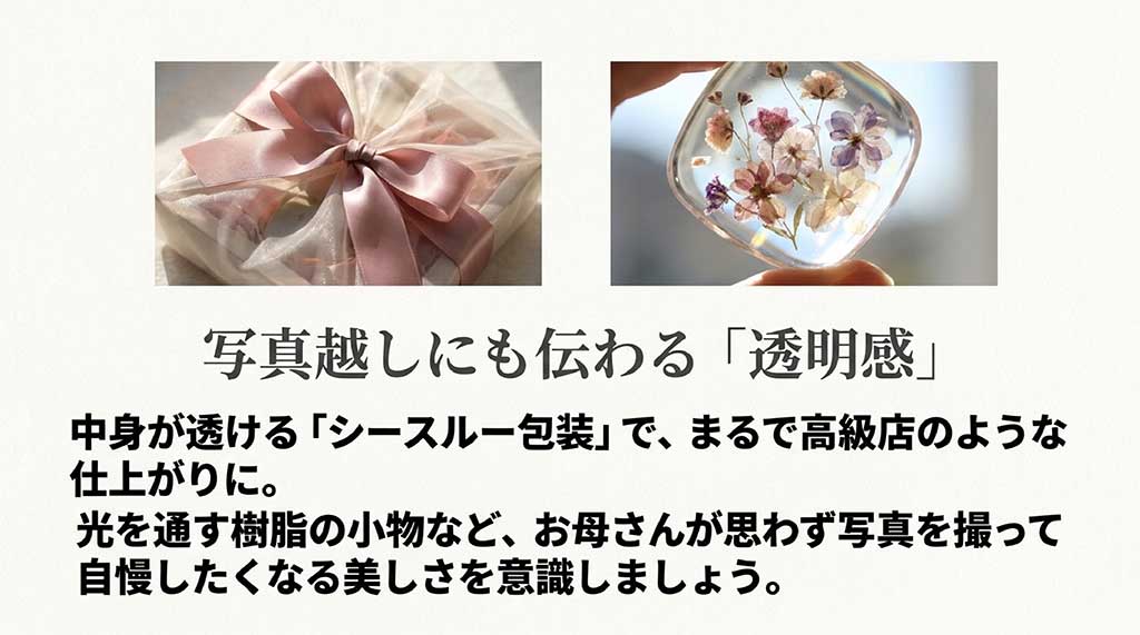 中身が透けるシースルー包装と、光を通す美しい樹脂小物のイメージ